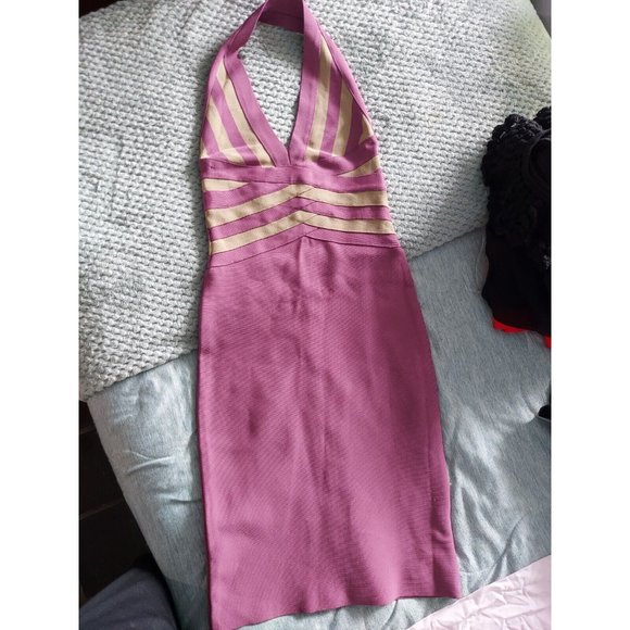 HERVE LEGER Purple Grey Halter V Neck Bodycon Sleeveless Dress SP - Picture 10 of 10